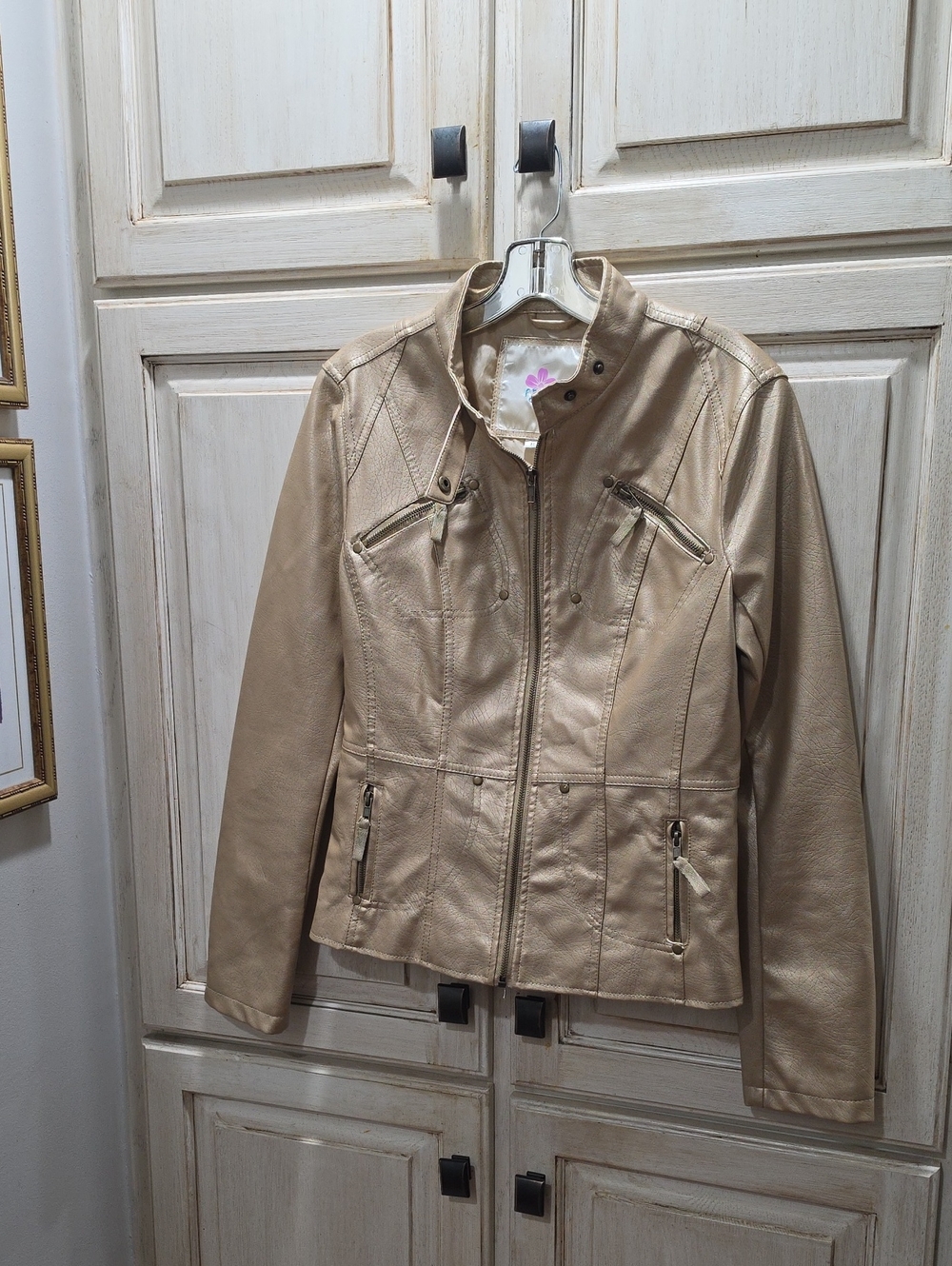 Frida G London Metallic Gold Faux Leather Moto Jacket EUC
